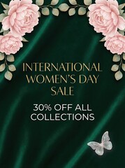 International Women's Day sale promotion with flowers and butterfly  
