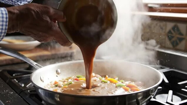 Man cooking Asian curry by pouring condiments mixture into hot pan with steam rising