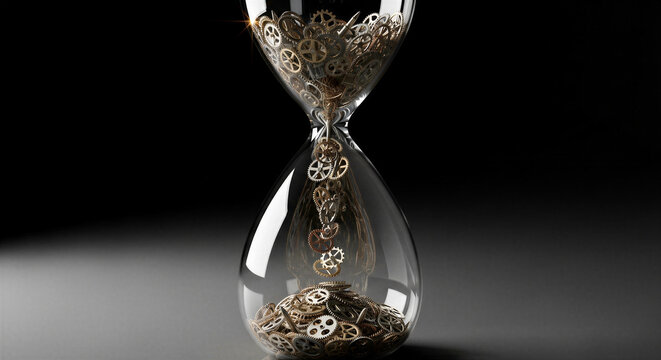 Glass hourglass filled with clock gears on dark background  