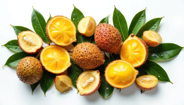 Several ripe aguaje fruits and halved oranges with green leaves are arranged on white background. Some fruits are whole some are cut showing seeds and pulp. Water droplets visible on glossy leaves.