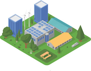 Isometric eco campus illustration with solar rooftop buildings, wind turbines, green infrastructure, sustainable modern renewable energy urban environment concept