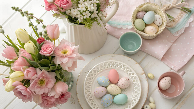 A beautiful Easter still life features pink roses and a floral bouquet in a basket with colorful eggs, sweet dessert cakes, and elegant wedding decorations on a celebration table