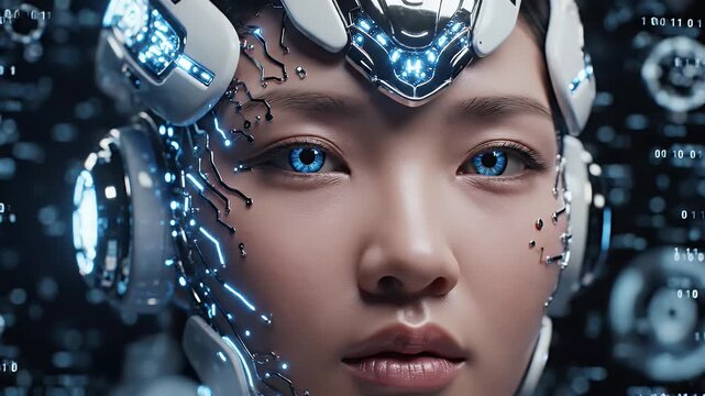 Cybernetic Asian Woman Portrait - Close up portrait of an Asian woman with cybernetic enhancements. Her face is serene and futuristic, with robotic components integrated into her head and face.