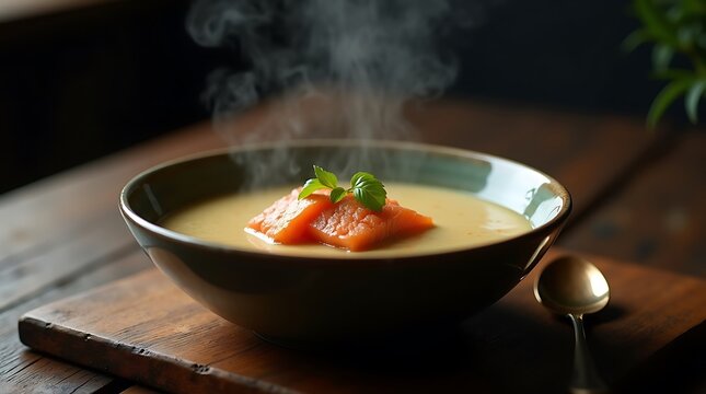Dark Moody Salmon Chowder with Visible Steam, Rustic Wooden Table, Cinematic Comfort Food Photography