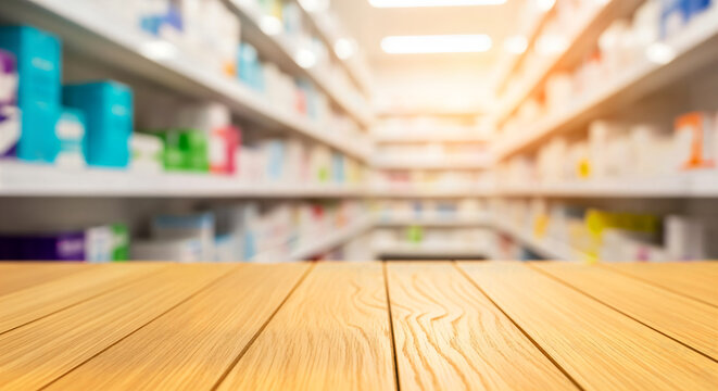 Empty wooden table in front of blurred pharmacy shelves for product display