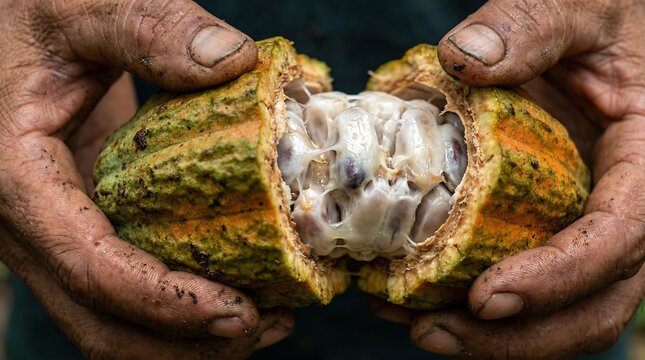 Close-up of hands holding a halved cacao pod with exposed white pulp and cocoa beans against a dark background.