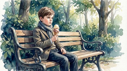 Fototapeta premium Boy sitting on bench with ice cream in park during autumn 