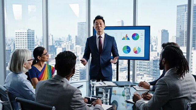 Asian businessman presents data to diverse colleagues in a modern office