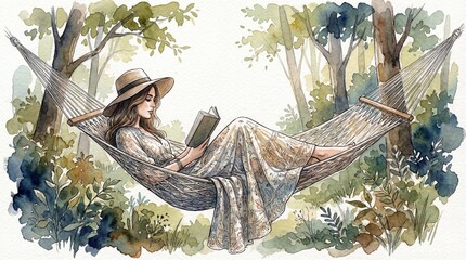 Obraz premium Girl reading book in hammock outdoors surrounded by trees and nature 