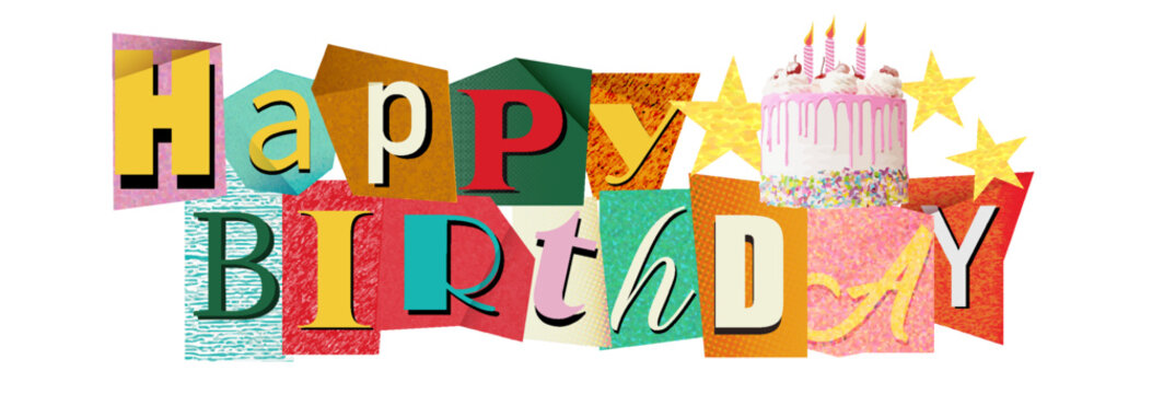 Happy Birthday vintage halftone collage stickers Magazine font with cake. Vector illustration.