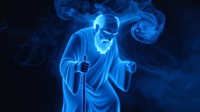 Glowing Spirit of an Elderly Man - A luminous, ethereal representation of an old man with a white beard, appearing as a blue spectral figure against a dark background.
