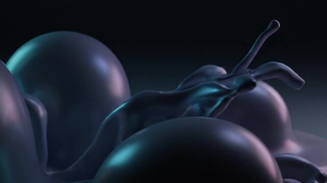 Abstract dark fluid swirling and splashing over smooth dark spheres creating a dynamic metallic visual effect background