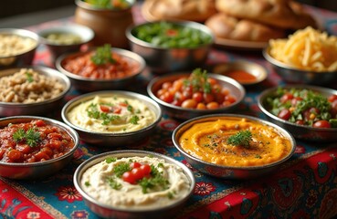 Fototapeta premium Assortment of middle eastern mezze dishes like hummus and tabbouleh. Delicious dips and salads arranged on colorful textile. Food spread for gathering or party.