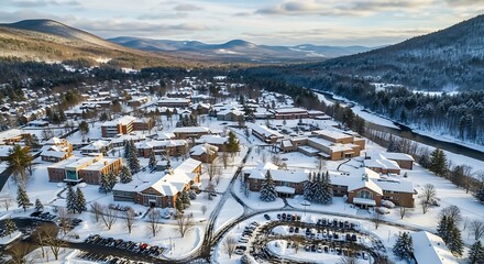 Snowy campus buildings nestle in a valley by a winter river.