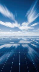 Reflection of Clouds on Solar Panels with Motion Blur in a Clear Blue Sky