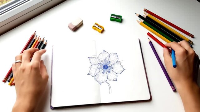 Overhead shot of a person's hands coloring a flower drawing with colored pencils on paper with an eraser and sharpener on a white table.