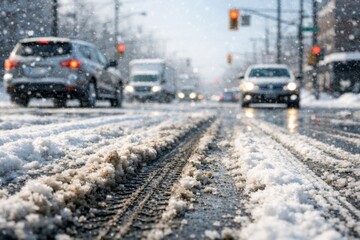 Obraz premium Winter Scene Showing Cars Navigating Through a Snowy Street with Tire Tracks in Fresh Snow, Creating a Serene Yet Busy Atmosphere