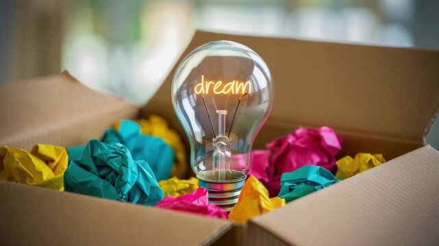 Glowing dream light bulb in cardboard box with colorful paper, creative inspiration, new ideas, motivation, gift of vision, innovation energy, thoughtful message, bright future, give to gain spirit