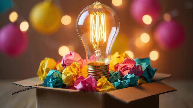 Glowing light bulb rising from an open cardboard box filled with colorful crumpled paper, creative startup inspiration concept, innovative thinking, bright idea launch, imagination, innovation energy