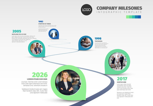 Company Milestones Infographic Template with Curved Timeline, Photo Plceholders and Business Icons