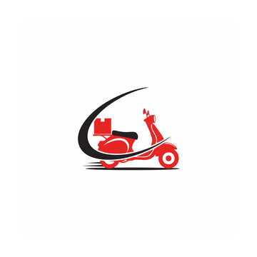 Red Scooter in Motion with Delivery Box, Urban Setting, Vector Illustration