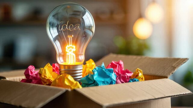 Light bulb with idea text in open cardboard box and colored crumpled papers, creative concept of innovation and imagination, brainstorming solution, inspiration and business strategy