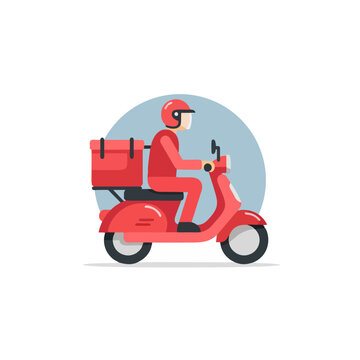 Delivery person riding red scooter with packages viewed from side
