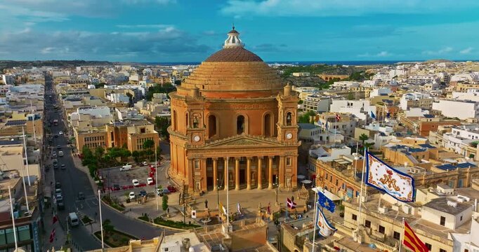 Aerial view of Mosta Church, famous remarkable wartime miracle, architectural landmarks, Malta 
