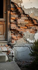 Dilapidated wall reveals damaged brickwork and cracked foundation.