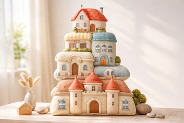 Obraz premium Colorful Stacked Toy Houses Made of Wood, Creating a Whimsical and Cheerful Atmosphere in a Sunlit Room