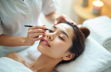 Woman receives eye treatment with professional tool at beauty salon. Skincare procedure involves gentle touch for facial rejuvenation. Esthetician works on client for pore cleansing and skin health.