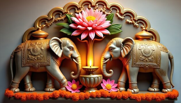 Two ornate elephant sculptures flank a golden lotus and oil lamp. Decorated with intricate patterns and floral garlands, they evoke South Asian cultural richness and auspicious beginnings.