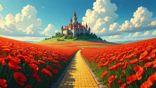 Castle on a hill above vibrant poppy fields, yellow brick road leading through countryside, dramatic clouds in sky, fairytale landscape, magical kingdom with nature and fantasy theme