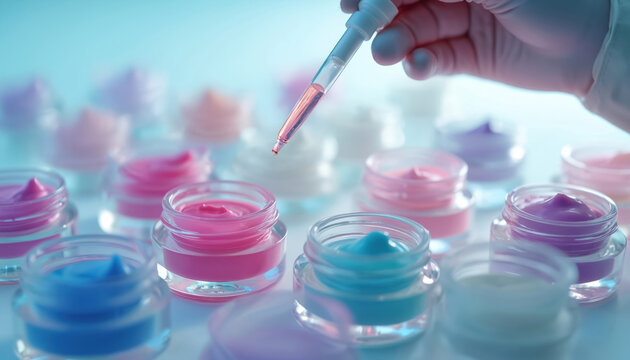 Hand with dropper adds liquid to cosmetic cream jars. Tiny colorful skincare products, beauty lab research, precise formulation testing, pastel shades.