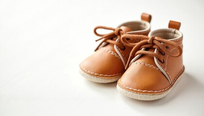 Pair of tan baby shoes with laces. Soft leather infant footwear on white background. Tiny toddler boots, new born walking accessory, cute first shoes.