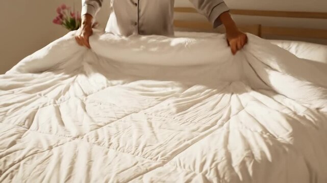 Woman making bed with clean sheets in bright morning bedroom