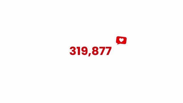 Minimal flat 2d vector numeric counter showing 319,877 with notification icon on clean white background. Digital social media engagement concept with simple modern typography animation style.