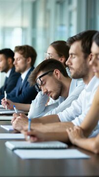 Sleepy young man in eyeglasses at corporate training seminar, tired office workers sitting in row taking notes, workplace education fatigue, meeting room concentration, business lecture