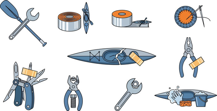 Various tools and repair items for kayak maintenance including a broken kayak, paddle, wrench, and pliers