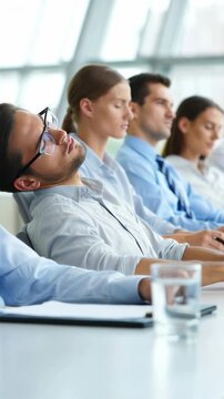 People in business attire sitting asleep during a meeting, concept of boredom in corporate environment, professionals experiencing fatigue, office workers showing lack of interest