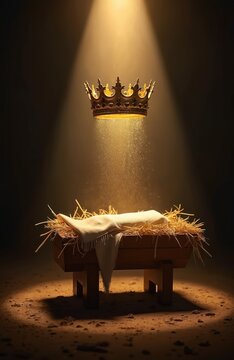 Golden crown floats above empty manger filled with straw. Spotlight shines down, illuminating holy birth symbolism. Humility meets royalty in sacred nativity scene.