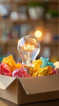 Edison bulb and colorful crumpled papers in a box, creative vibe inspiration, thinking outside the box, innovative business solutions, brainstorming and idea generation