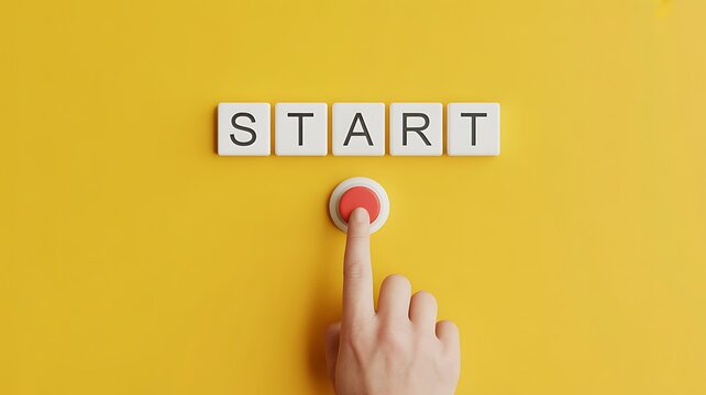 A finger pressing a button with the word start on it, surrounded by tiles.