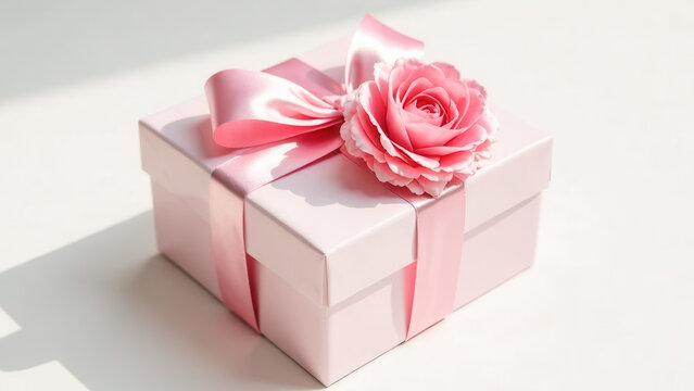 Gift box with pink carnations on table against white background close-up. Valentine's Day celebration. Women's day holiday card. Mother's day present and flower. White packaging with satin ribbon. AI.