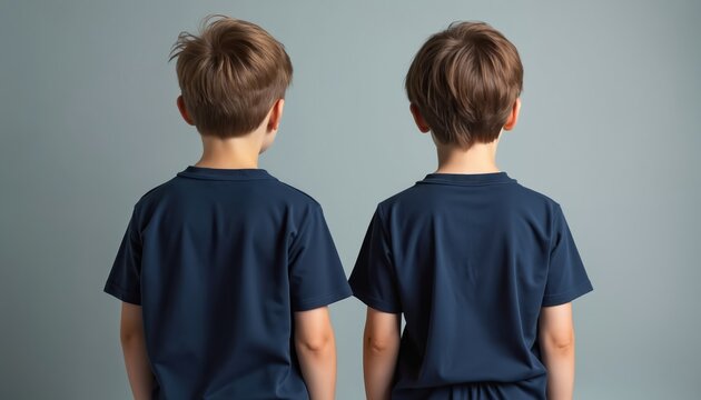 Two young boys stand with backs turned. They wear matching navy blue t-shirts and are positioned side by side against a plain gray studio backdrop. Their casual appearance suggests unity.