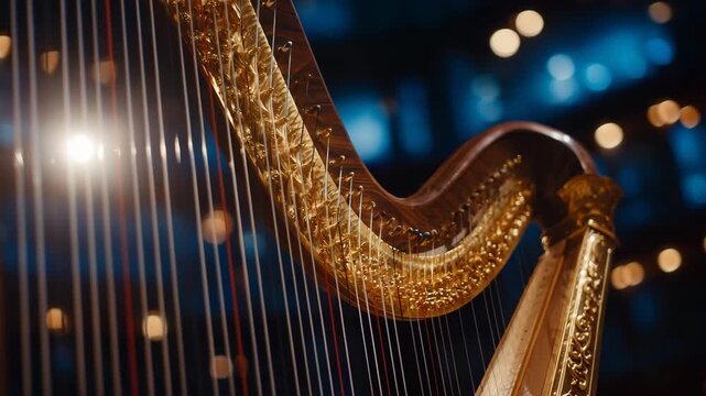 9Close-up shot of a harp&rsquo;s strings and soundboard, delicate strings catching light, carved wood details showcasing elegance and classical instrument craftsmanship
