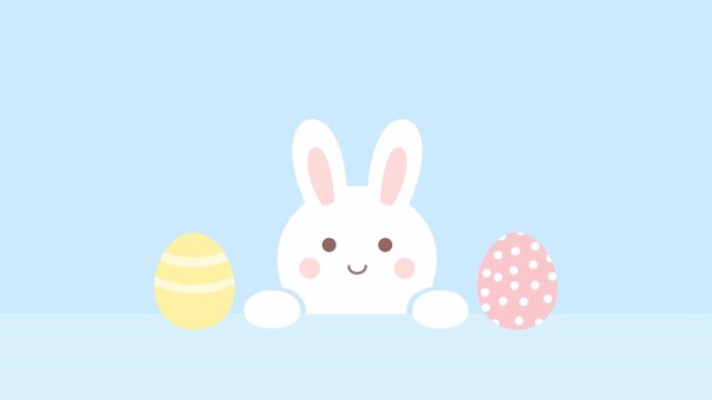 Cute flat 2d vector bunny character peeking from bottom frame with pastel easter eggs on soft blue background. Minimal cartoon style animation concept with simple shapes and playful childre