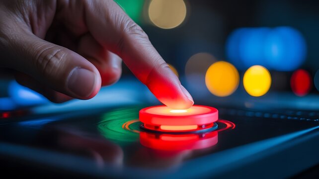 Close-up of a finger pressing a red button on a touch screen interface