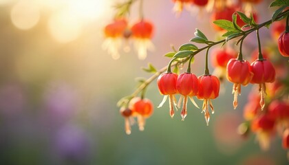 Fototapeta premium Red bell flowers hang from branch in golden hour light. Soft focus background with bokeh circles and muted colors create dreamy atmosphere. Nature garden bloom detail.