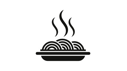 A stylized black and white illustration of spaghetti served in a dish with steam rising